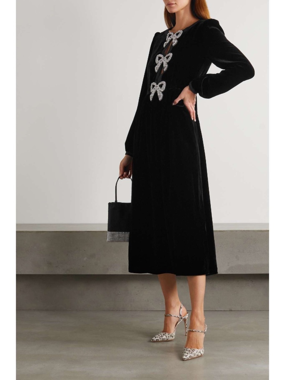 Saloni Black Velvet Bow Embellished Dress - Picture 2 of 6